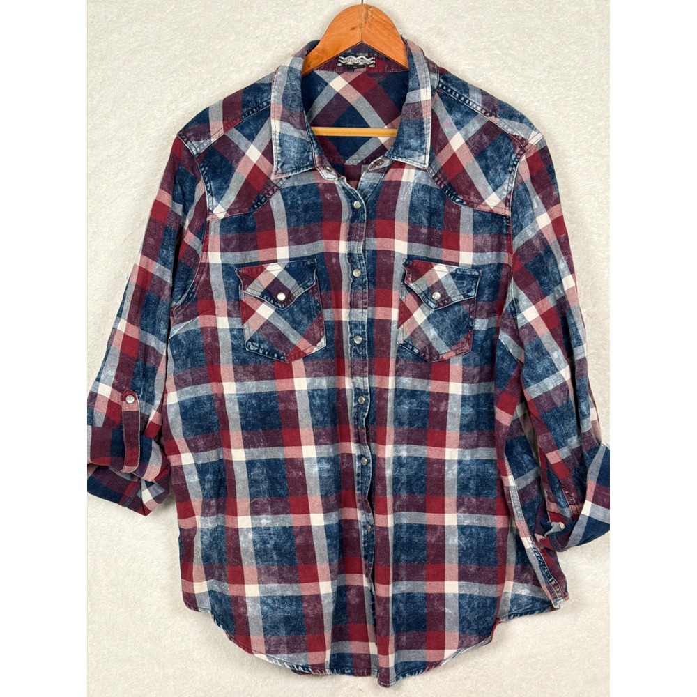 Belle Tweed Plaid Shirt Women 3X Blue Red Western Acid Wash Cotton Snap Button